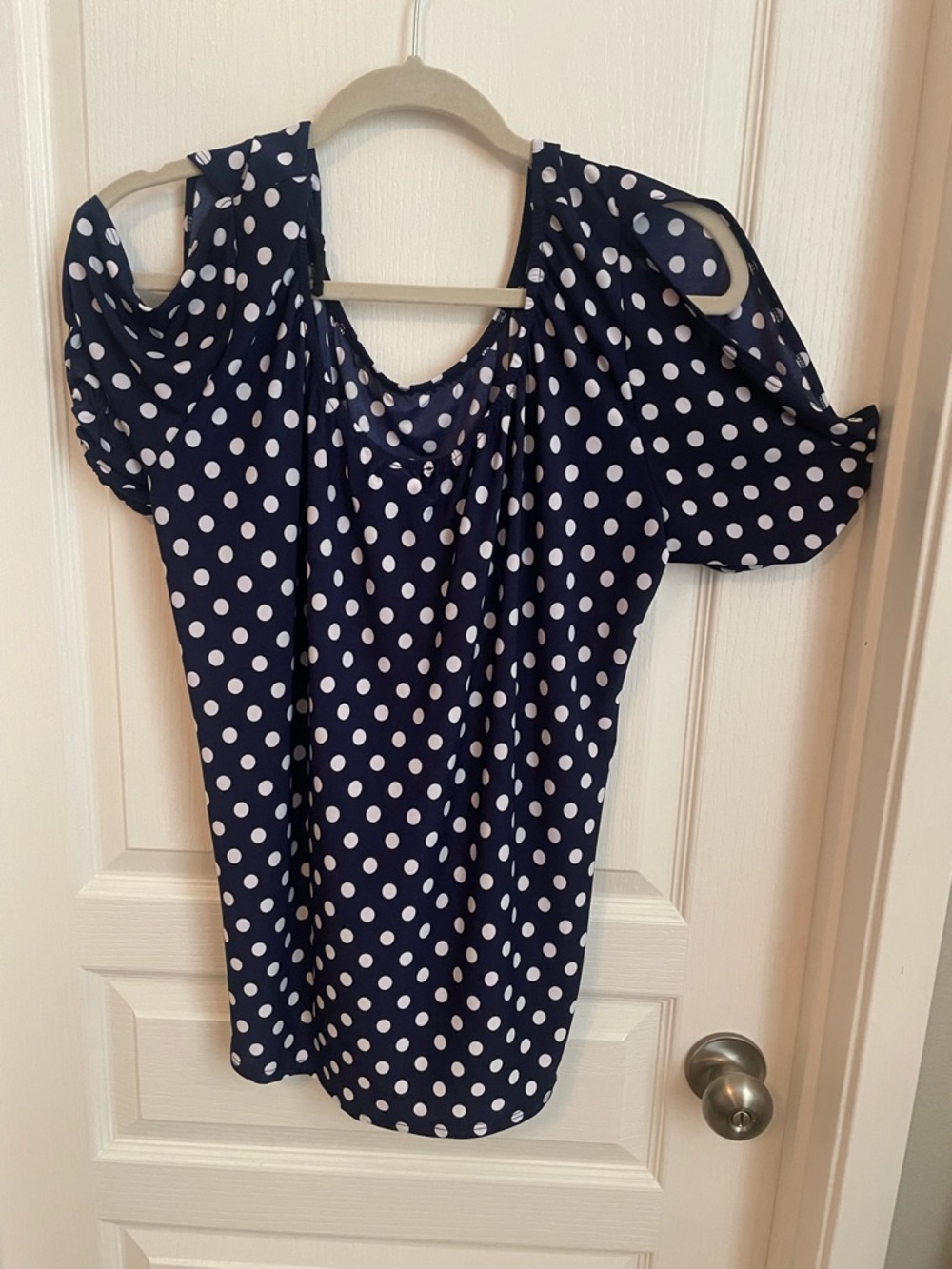 Star Vixen Navy & White Polka Dot Cold-Shoulder Blouse